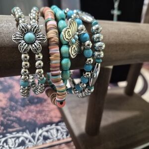 Turquoise and Silver Beaded Bracelet Set Of 5 Western Wear A17